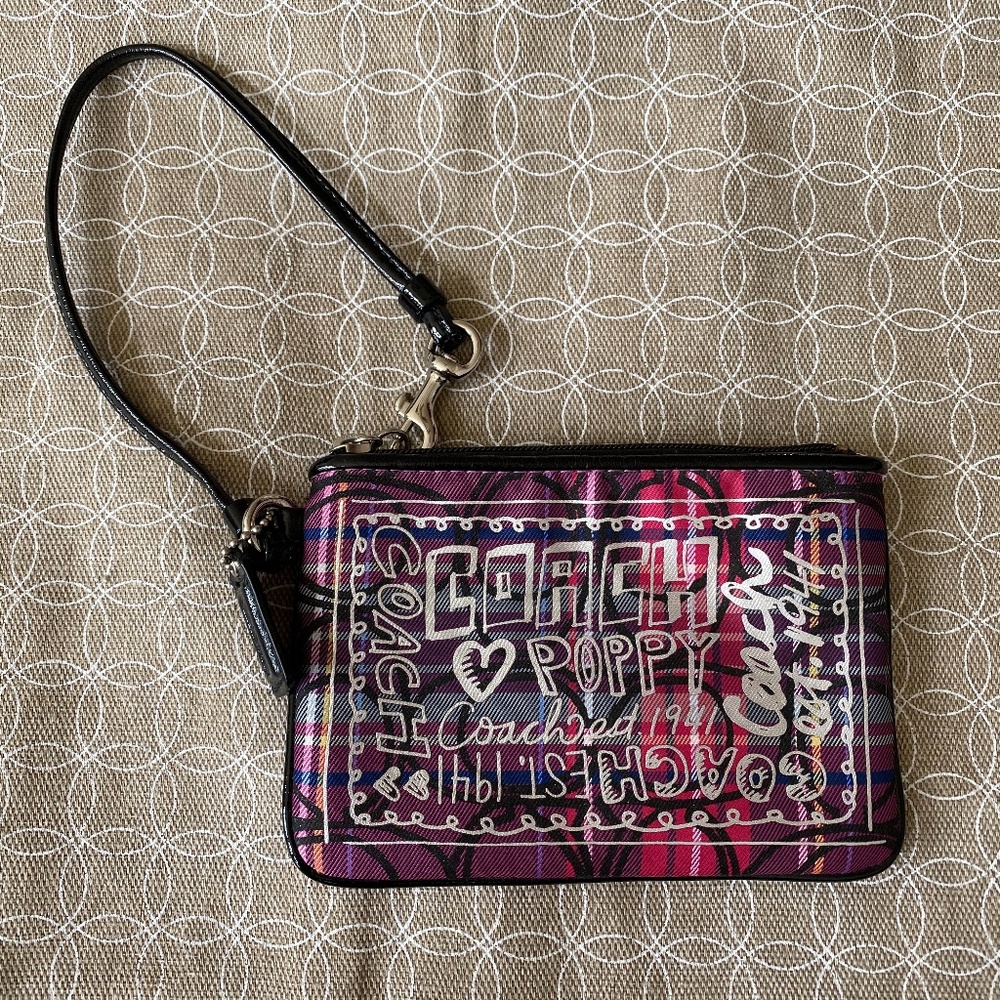Coach Poppy Purple Tartan Plaid Wristlet